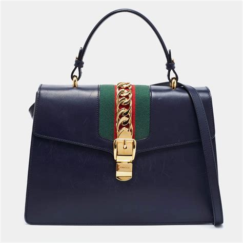 Sylvie top handle leather handbag Gucci Blue in Leather 